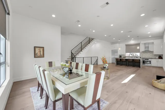 a view of a dining room with furniture