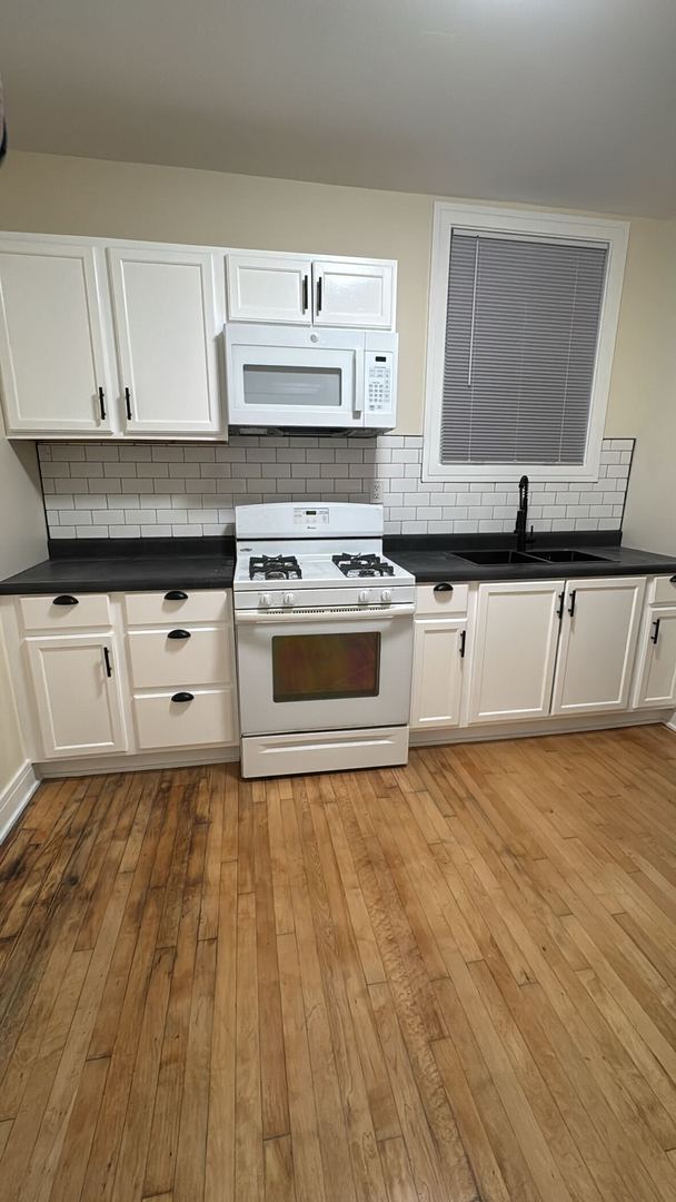 610 East 74th Street, Unit 2B Chicago, IL 60619 - Photo 8 of 10 a kitchen with granite countertop a stove a sink and a microwave