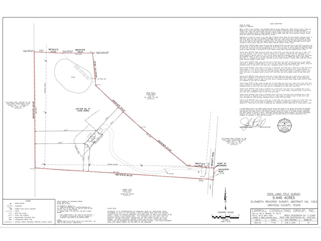 3165 Bennett Road Howe, TX 75459 - Photo 6 of 6 Survey showing 5.446 acres in Grayson County with Bennett Road frontage, pond, access drive, and utility details.