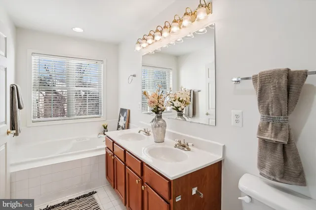 a bathroom with a sink a bathtub a mirror a vanity and a shower