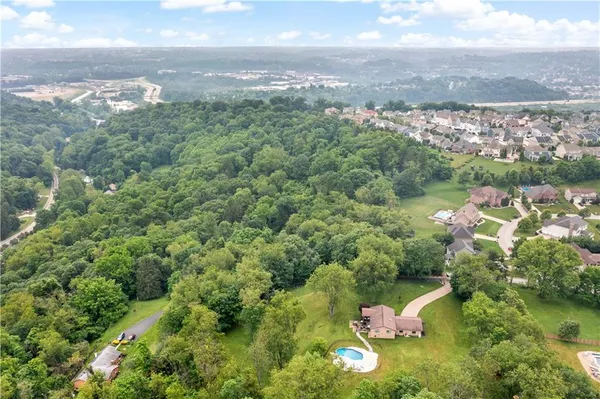 a view of a city with lush green forest