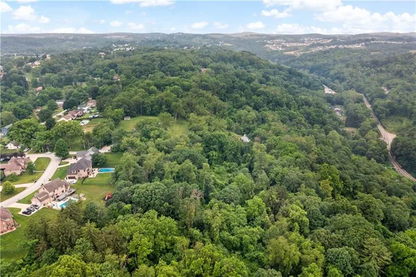 a view of a city with lush green forest