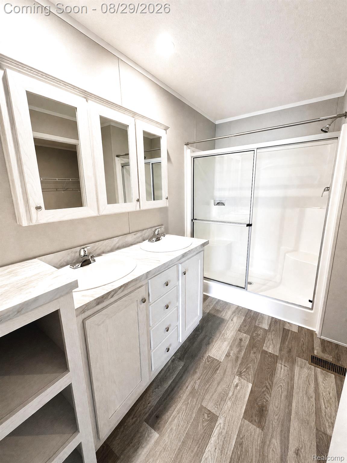 46000 Geddes Road, Unit 520 Canton, MI 48188 - Photo 14 of 29 Dual vanity with integrated sinks, wood-finish flooring, glass-enclosed shower, and built-in storage shelving