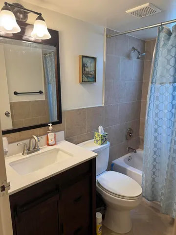 a bathroom with a sink a toilet and mirror