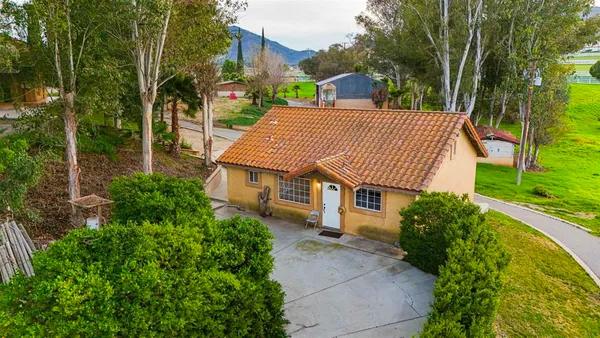 aerial view of a house with a yard and potted plants