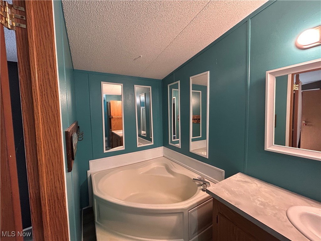 78790 Hamilton Ridge Road Freeport, OH 43973 - Photo 10 of 17 Bathroom with vanity, a garden tub, vaulted ceiling, and a textured ceiling