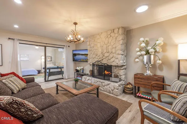 a view of a dining room with furniture