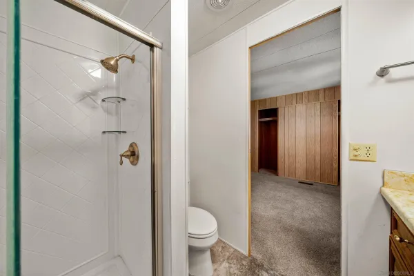 a bathroom with a granite countertop toilet and a shower