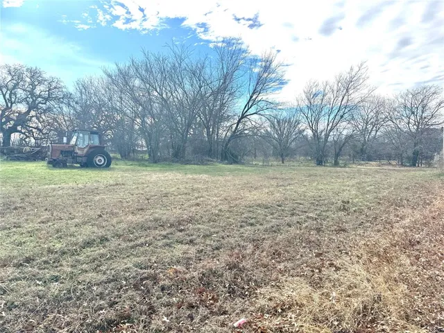 a view of a field with trees in the background