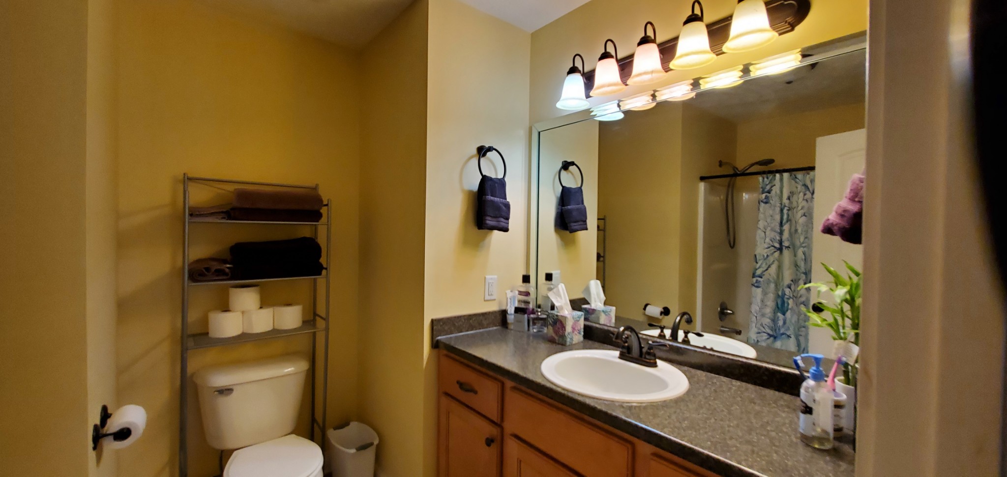 140 T G T Road Portland, TN 37148 - Photo 9 of 13 a bathroom with a granite countertop sink a large mirror and a shower