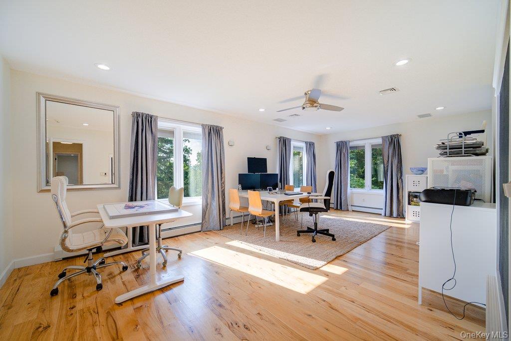 237 Mineral Springs Road Highland Mills, NY 10930 - Photo 17 of 32 Office area featuring light wood-style flooring, recessed lighting, a ceiling fan, baseboard heating, and a baseboard radiator