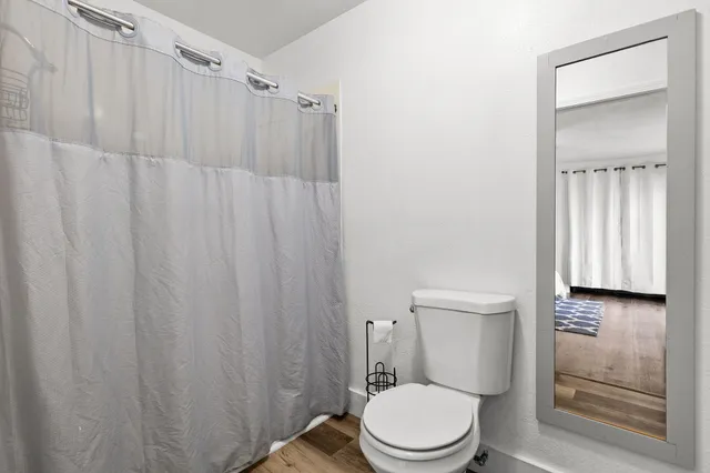 a white toilet sitting next to a shower curtain
