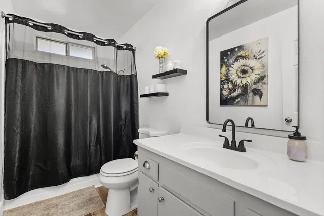 a bathroom with a sink a toilet and vanity