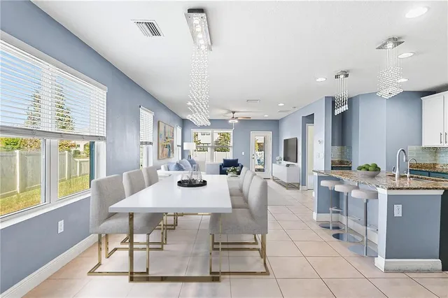 a view of a dining room with furniture window and outside view