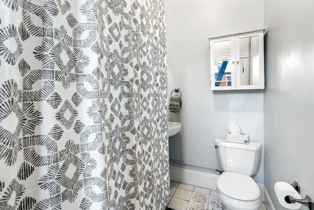 a white toilet sitting next to a shower curtain