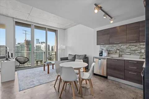 a view of a dining room with furniture window and outside view