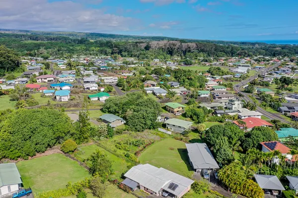 an aerial view of residential houses with outdoor space and trees
