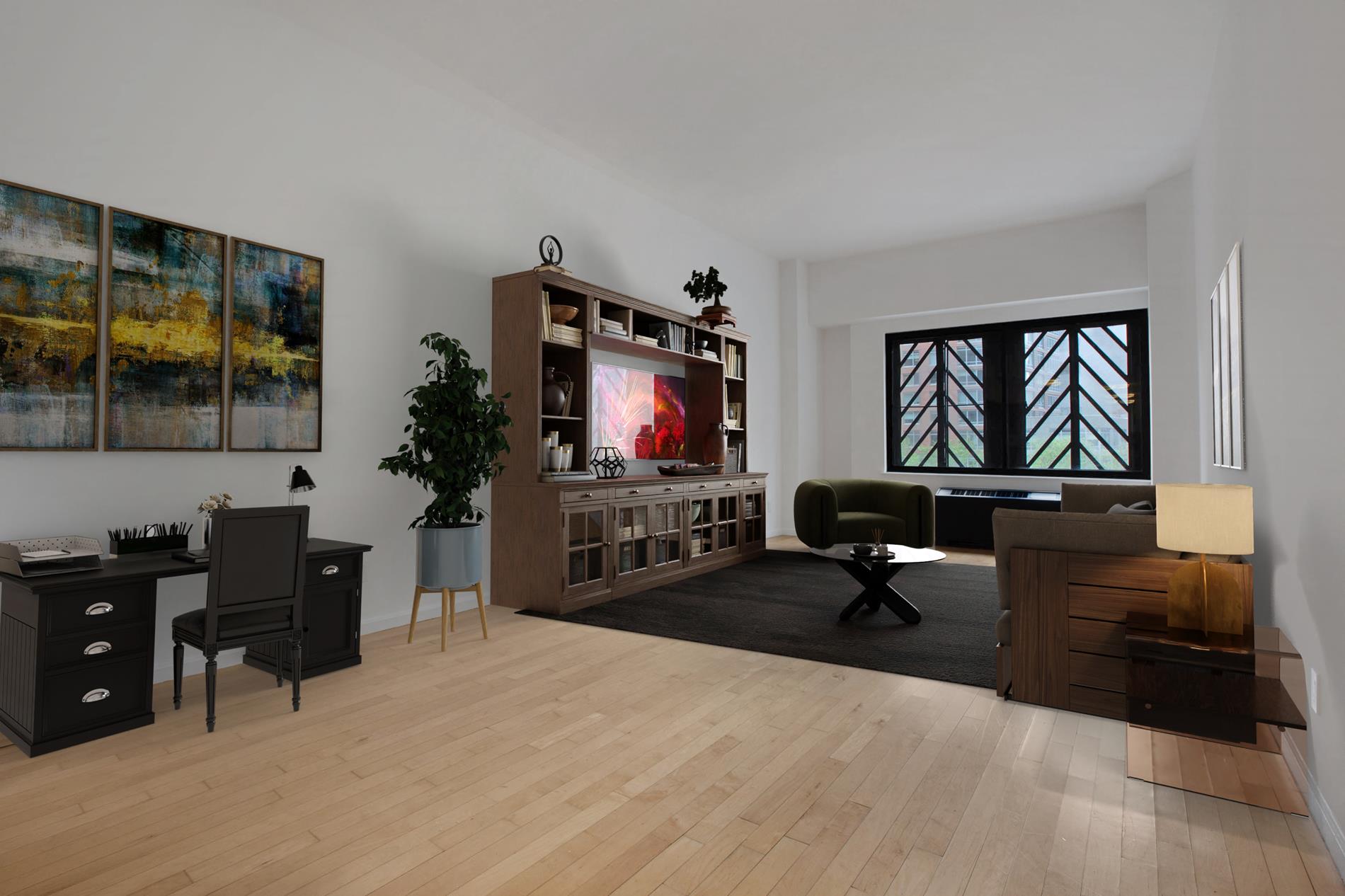 a living room with furniture a floor to ceiling window and a flat screen tv