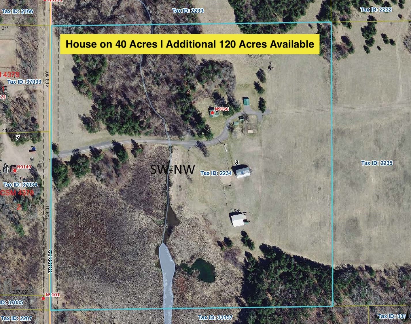 9156 Tripp Road Springbrook, WI 54875 - Photo 2 of 59 Aerial image of House on 40 acres. Additional 120 Acres available