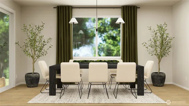 a dining room with furniture and window