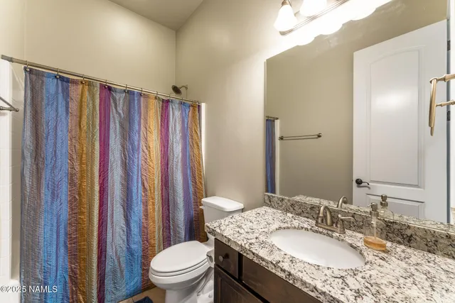 a bathroom with a granite countertop sink toilet and shower
