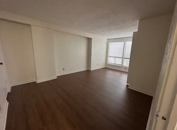 a view of an empty room and wooden floor