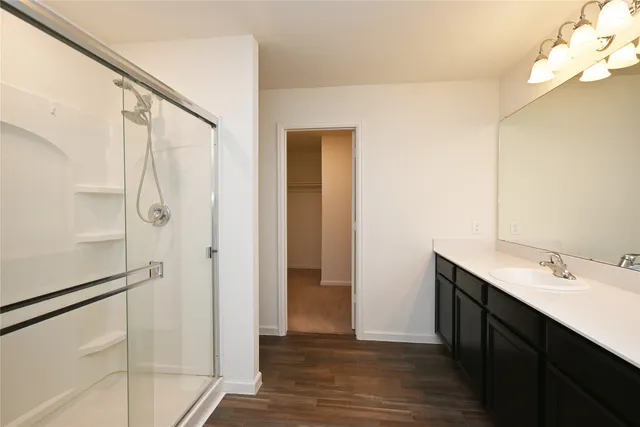 a bathroom with a shower and a sink