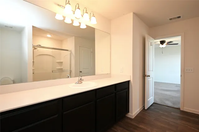 a bathroom with a double vanity sink a mirror and a shower