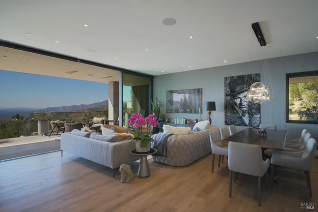 a view of a patio with couches table and chairs and potted plants