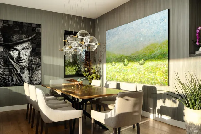 a view of a balcony with furniture and a potted plant