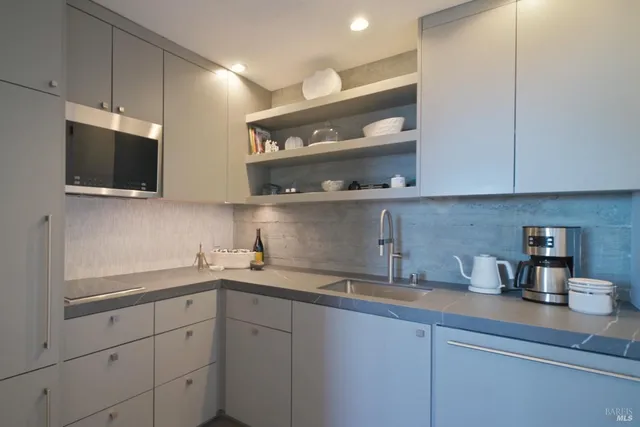 a view of a yard with plants and large trees