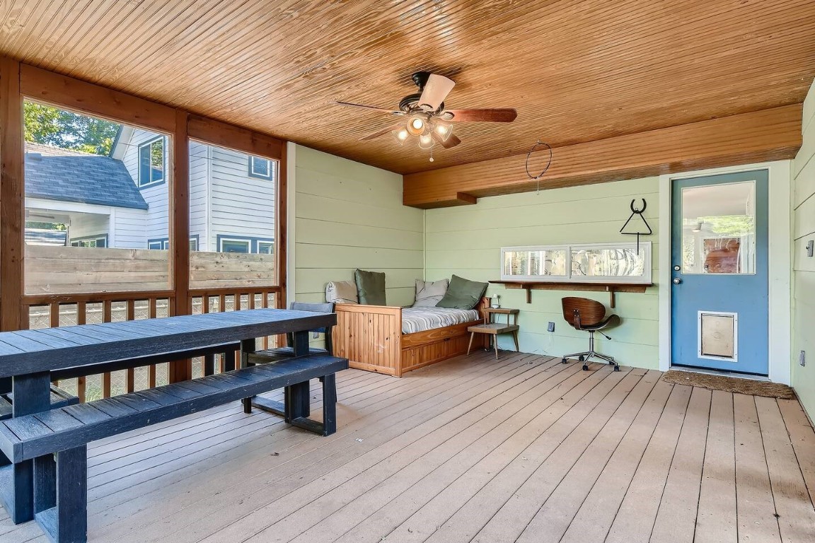 2704 Stacy Lane Austin, TX 78704 - Photo 13 of 15 Deck featuring ceiling fan, outdoor dining area, and an outdoor hangout area