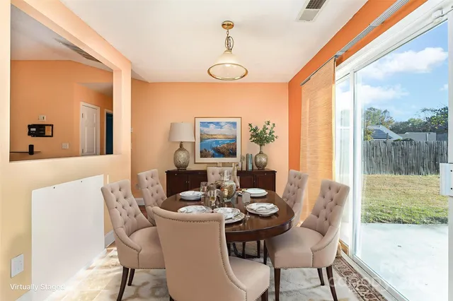 a view of a dining room with furniture window and outside view
