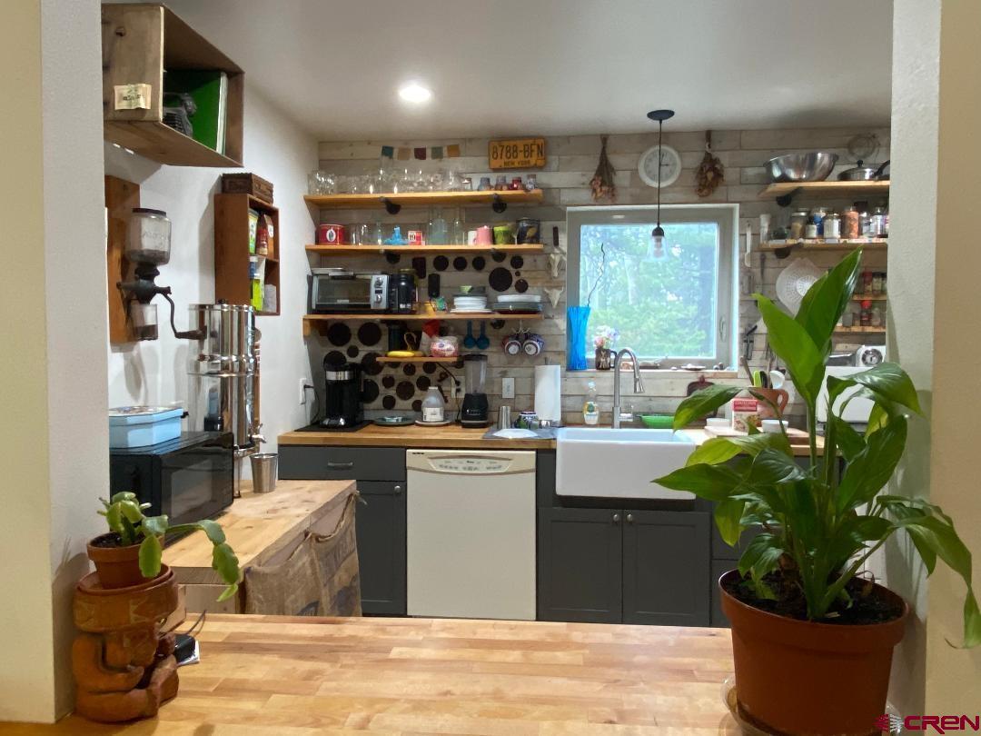 593 Crest Drive Cimarron, CO 81220 - Photo 13 of 30 a kitchen with a potted plant on the counter and cabinets