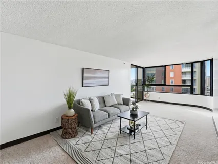 a living room with furniture and a potted plant