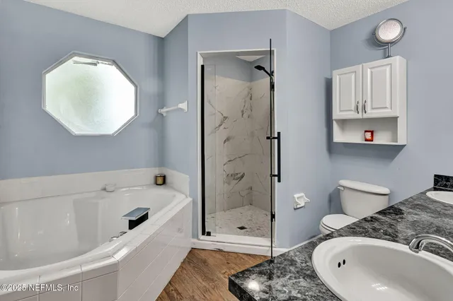 a bathroom with a tub sink toilet and mirror