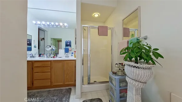 a bathroom with a sink a mirror and a potted plant