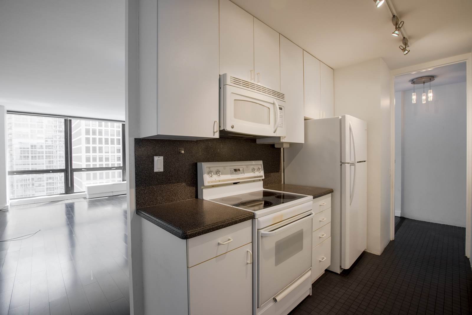 Undisclosed Address Chicago, IL 60611 - Photo 5 of 9 a kitchen with stainless steel appliances granite countertop a refrigerator a stove and a refrigerator with white cabinets