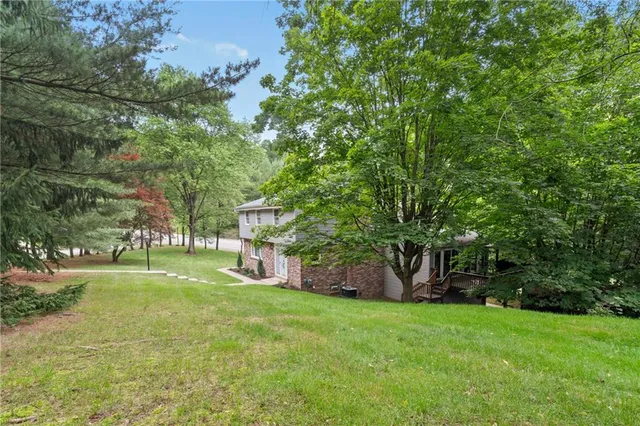 a view of a backyard with large trees