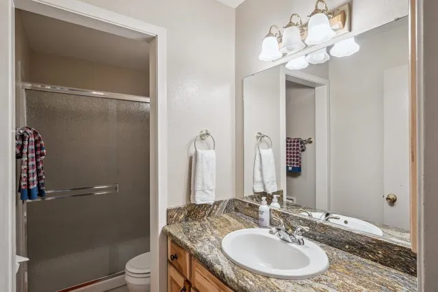 a bathroom with a granite countertop sink a toilet and shower