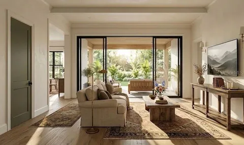 a living room with furniture tv and a floor to ceiling window