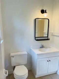 a bathroom with a toilet sink and mirror