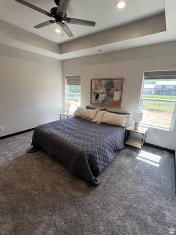 160 200 West Henefer, UT 84033 - Photo 12 of 25 Spacious room featuring a tray ceiling with recessed lighting and a ceiling fan