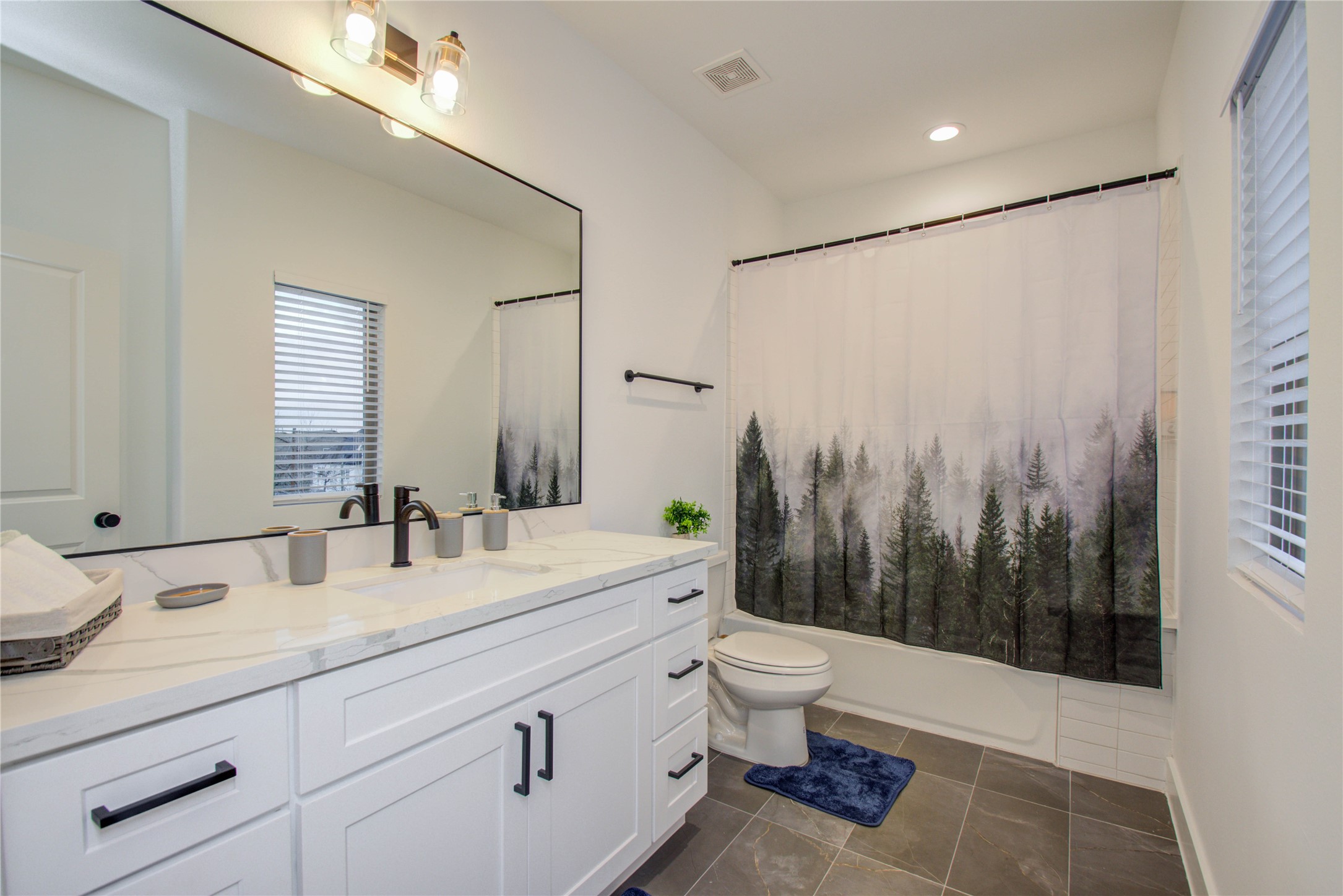 2315 Sherwin Street Houston, TX 77007 - Photo 37 of 50 a bathroom with double vanity sink a toilet a mirror and shower