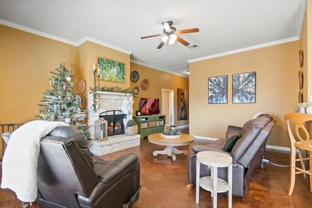 a living room with fireplace furniture and a flat screen tv