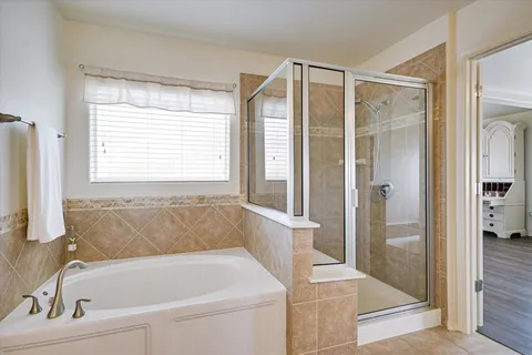 a bathroom with a bathtub and a shower