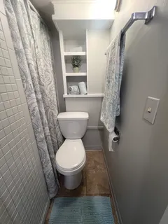 a bathroom with a toilet and a shower