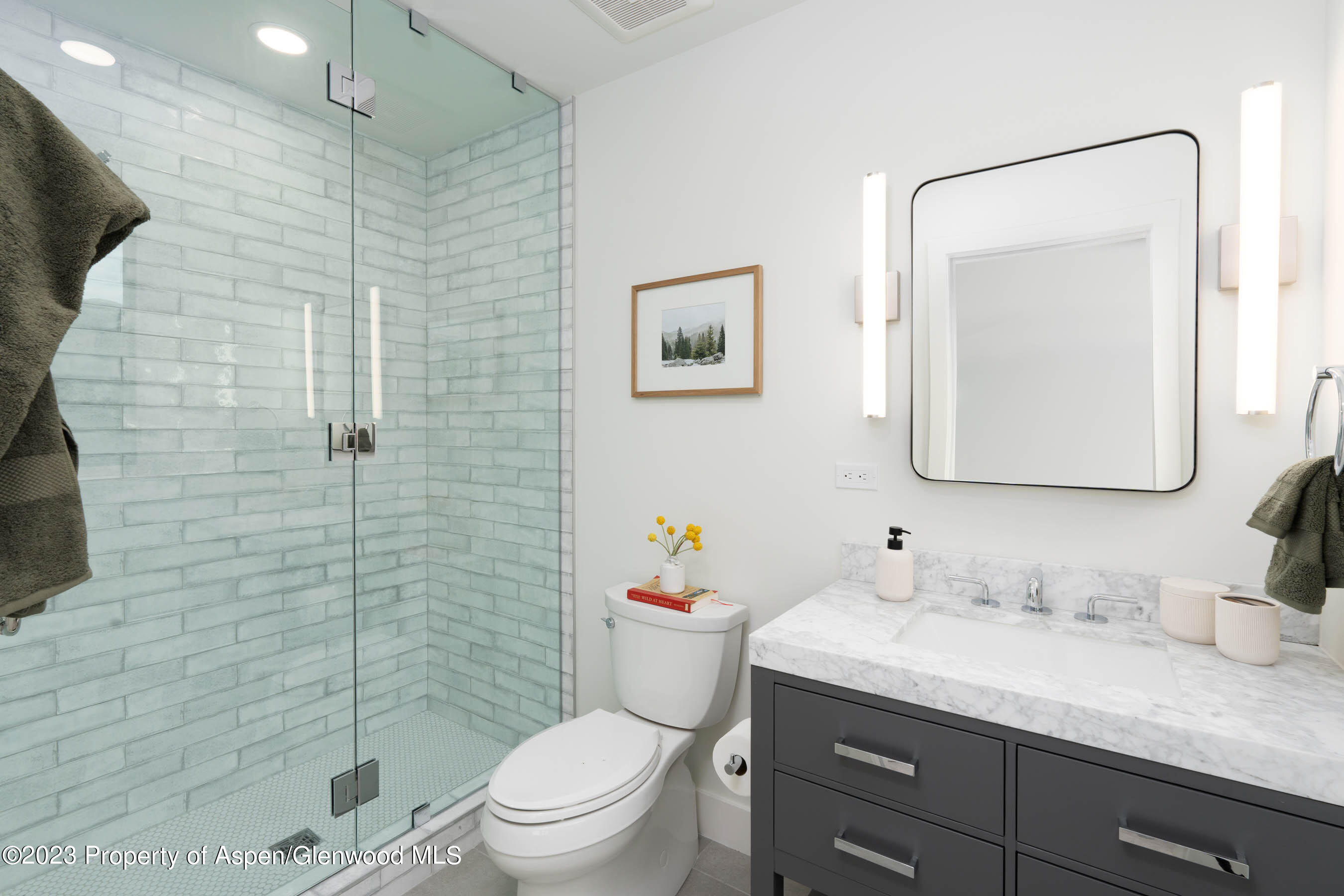 22840 Two Rivers Road, Unit 300 Basalt, CO 81621 - Photo 22 of 28 a bathroom with a granite countertop sink toilet and shower