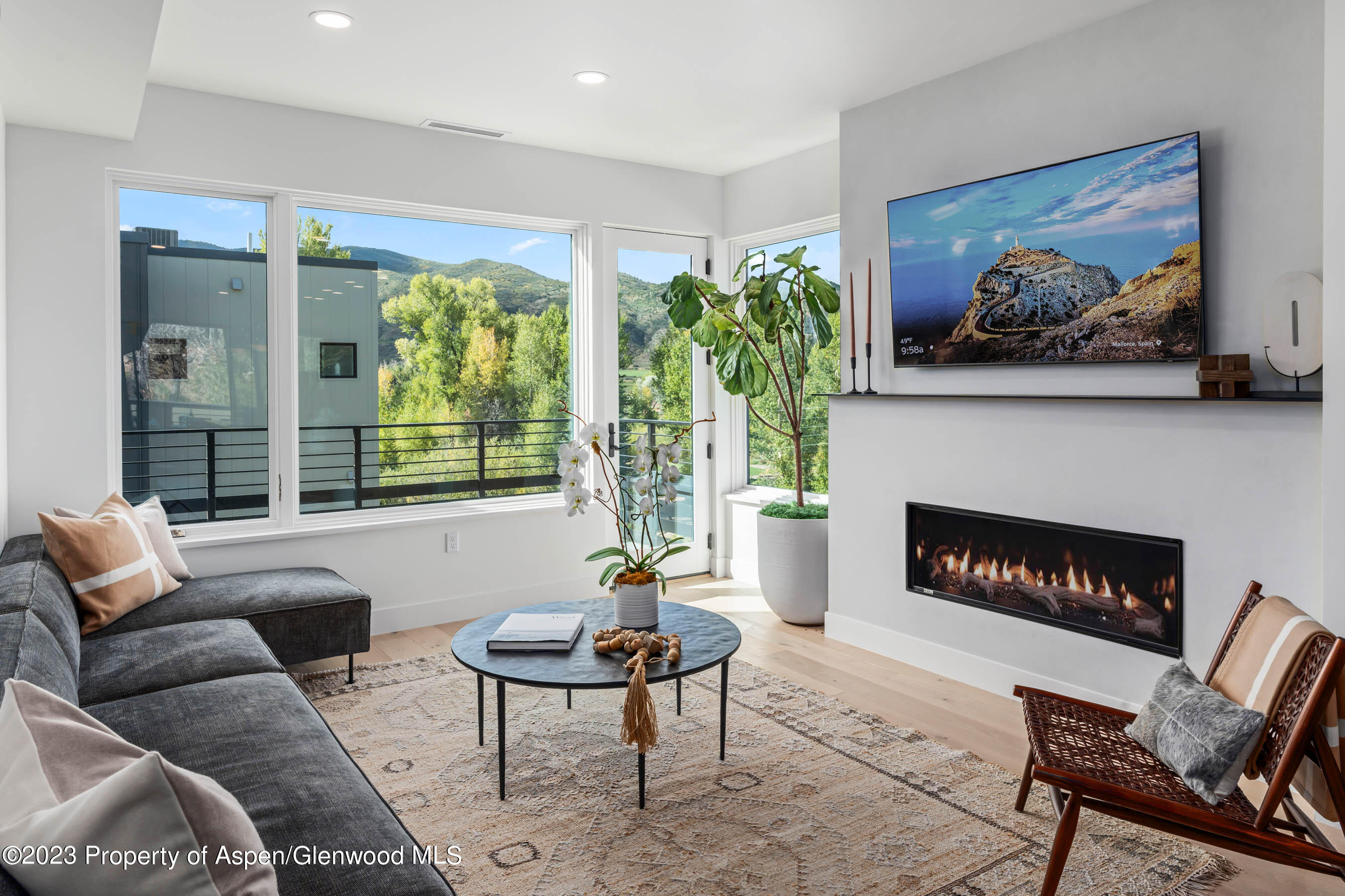 22840 Two Rivers Road, Unit 300 Basalt, CO 81621 - Photo 3 of 28 a living room with furniture a fireplace and a large window