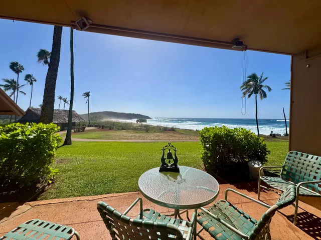 a balcony with table and chairs potted plants and palm trees
